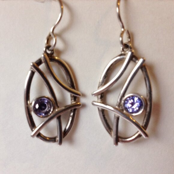Oval Sterling Silver Earrings Blue Violet Round Tanzanite CZ Pierced Dangle New - Picture 2 of 6